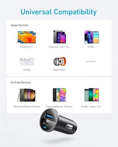 Anker 323 USB-C Car Charger Adapter, 52.5W Cigarette Lighter Charger with 30W PowerIQ 3.0 Fast Charging for iPhone 17/16/15/14/13/12 Series, Galaxy S25/24, Pixel
