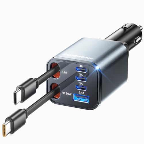 SUPERONE Retractable Car Charger, [Ultra-Compact] 6-Port Car Charger USB C, iPhone Car Chargers Fast Charging with Dual USB C Cables, RV Power Adapter for iPhone 17/16/15/14/13/12 Series