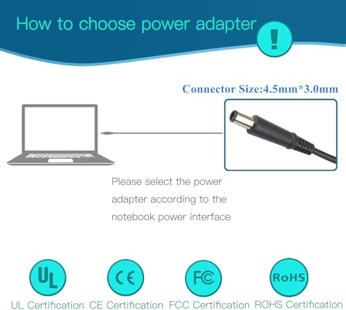 45W (4.5 * 3.0 mm Jack 19.5V 2.31A) AC Charger Fit for DELL Inspiron 11/13/14/15/17 3000 5000 7000 Series(3583 3593 5570) Latitude E5450 XPS 13-45 Watt AC 2-in-1 Computer Power Adapter Cord