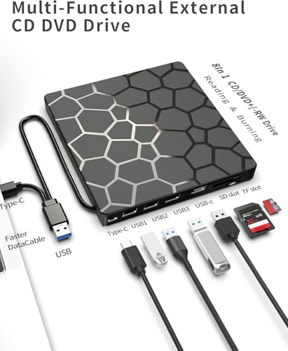 External CD DVD Drive,8 in 1 USB 3.0 and Type-C Disc Reader Writer Burner Player,Slim and Portable CD DVD +/-RW Optical Drive for PC Laptop Desktop MacBook Mac Windows Linux OS Apple (8 in 1)