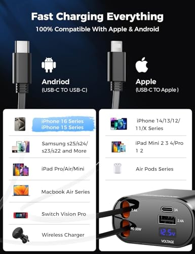 [Upgraded] SUPERONE Retractable Car Charger 4 in 1, Fast Car Phone Charger with Cord 2.6ft, USB C and Apple Car Adapter, Compatible with iPhone 17 16 15/15 Pro Max/14/13/12/11, Galaxy, Pixel