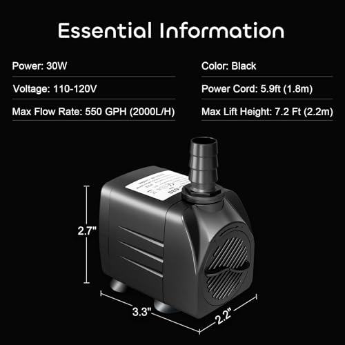 GROWNEER 550GPH Submersible Pump 30W Fountain Water Pump, 2000L/H, with 7.2ft High Lift, 3 Nozzles for Aquarium, Fish Tank, Pond, Hydroponics, Statuary, Pool