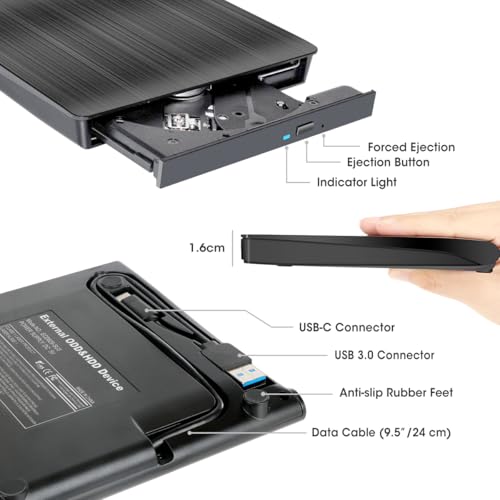 ROOFULL External CD DVD +/-RW Drive for Laptop Mac, USB 3.0 & USB-C CD DVD Disc Reader Writer Burner CD-ROM Portable DVD Player with Carrying Case for Windows 11/10 PC MacBook Pro Linux Computer