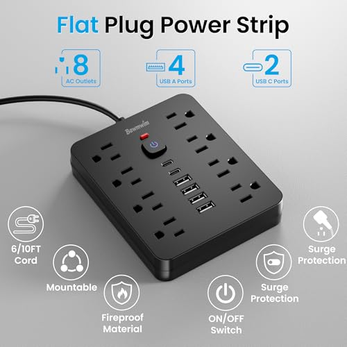 Surge Protector Power Strip, 8 Outlets(1250W/10A), 6 USB Charging Ports(2 USB C), 6FT Flat Plug Extension Cord Outlet Extender with Overload Protection, ETL Certified for Office, Dorm Room