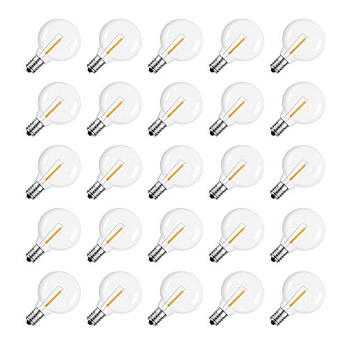 Meconard G40 1.57 Inch Led Replacement Light Bulbs, E12 Screw Base Shatterproof LED Small Globe Light Bulbs for Outdoor String Lights, 1Watt Equvalent to 5 Watt Incandescent Bulbs, Warm White, 25Pack