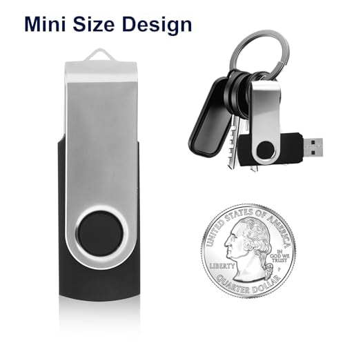 Swivel Design 16GB USB Flash Drive with Keychain, USB 2.0 Portable Thumb Drive Memory Stick, FAT32 Format Flashdrive for Data Storage, Photos, Music, Files (Black, 16 GB)