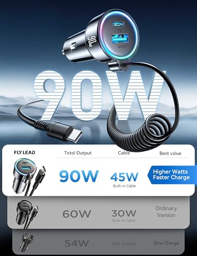USB C 90W Car Charger for iPhone 17/16 Pro Max, PD & QC3.0 w/5 ft 45W Type Coiled Cable, Fast Car Phone Charger Adapter for iPhone 17Air/15 Pro, Samsung Galaxy S26/S25/S24, Pixel 10/LG/Android, iPad