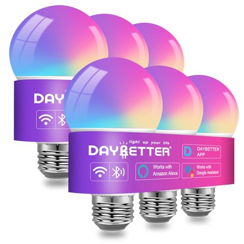 DAYBETTER Smart Light Bulbs, RGBCW Color Changing Smart Bulb Compatible with Alexa & Google Home,Preset Scene, Music Sync, A19 E26 2.4G WiFi Bluetooth Dimmable LED Bulbs, 60W Equivalent, 800LM, 6 Pack