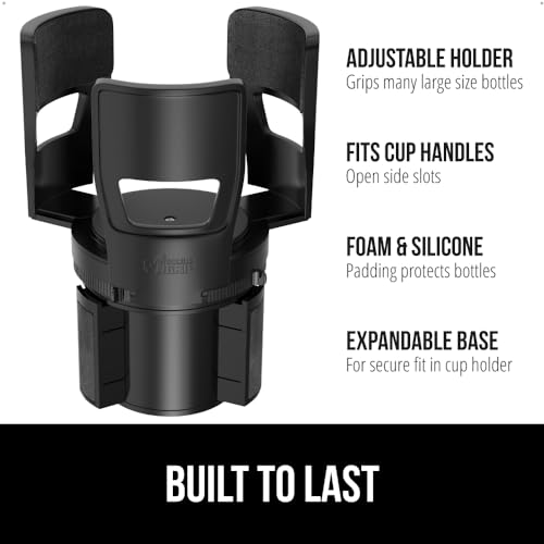 GORILLA GRIP Patent Pending Adjustable Car Cup Holder Expander, Keeps Water Bottle Secure, Expands to Fit 18 to 48 oz Large Bottles, Yeti, Owala, Stanley with Handle, Coffee Mug Insert for Cars, Black