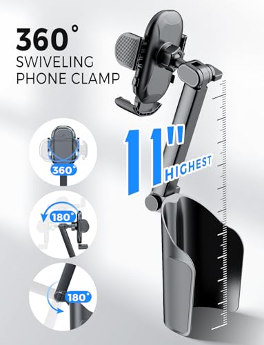 eSamcore Cup Holder Phone Holder, Unobstructed Cup Holder Phone Mount for Your Car Cupholder (2.5"-4") with Flexible C-Shaped Base, 360° Swiveling, 0.8" Deep Clamp Compatible with iPhone 4.7"–7"