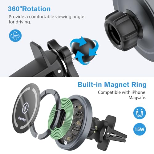 OHLPRO for MagSafe Car Mount Charger iPhone Wireless Car Charger, Stick on Dashboard Magnetic Phone Holder Mount for iPhone 17 Pro Max 16 15 14 Series, 15W Fast Charging, Aluminum Shell