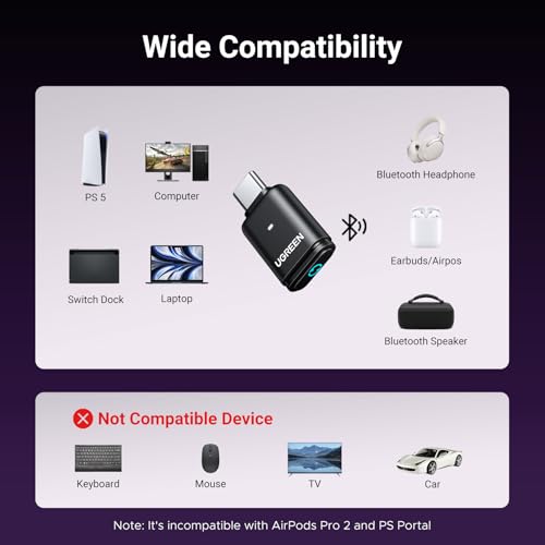 UGREEN USB-C Bluetooth Adapter for PS5, Bluetooth 5.3 Audio Adapter with APTX Low Latency & aptX-Adaptive, Wireless Audio Transmitter to Connect Wireless Headphones & Earbuds