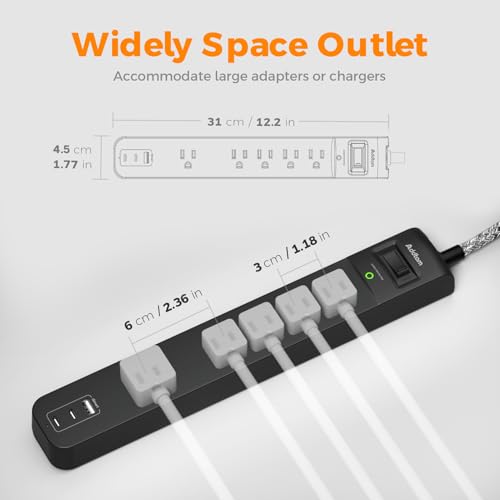 2 Pack Surge Protector Power Strip – 5 Wide Outlets, 3 USB Ports, 6FT Braided Cord, Flat Plug, 15A