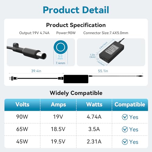 90W 65W Ac Adapter for HP All in One Desktop Computer Power Cord-for HP All in One Computer 20" 22" 24" 27" 22-DD 24-CR 24-DP DF 27-CR 22-DD0224 24-CR0042 27-CR0082