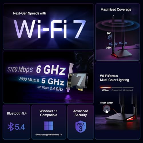 TP-Link WiFi 7 BE9300 PCIe WiFi Card for Desktop PC(Archer TBE550E), Tri-Band Wireless Adapter, Bluetooth 5.4, Multicolor Status LED, Supports AMD/Intel Motherboard, Not Compatible with Windows 10