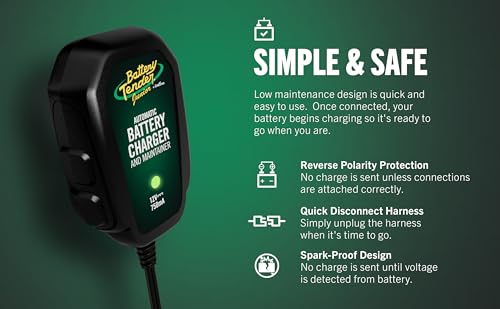Battery Tender Junior 12V, 750mA Charger and Maintainer: Automatic 12V Powersports for Motorcycle, ATVs, and More - Smarter Than a Trickle Charger - 021-0123