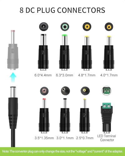 12V 2A Power Supply Adapter with 8 Tips – Universal 12V 2000mA Charger for LED Strip, CCTV, Router, GPS & More (6FT Cable)