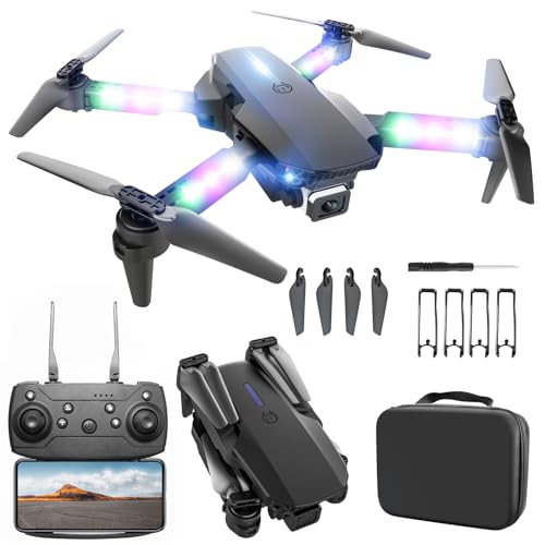 BEZGAR LED Lights Drone with Camera for Adults and Kids Beginners, Black | Drone with Camera 1080P HD, Foldable Drones for Kids RC Quadcopter with One Key Take Off 3D Flips, 2 Batteries, Toys for Boys