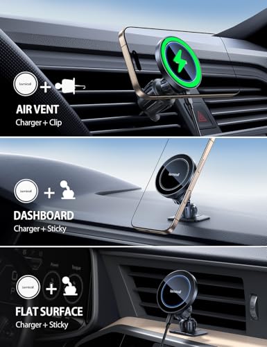 Lamicall 15W for MagSafe Car Mount Charger - [20X Strong Magnets] Wireless Car Phone Holder Charger, Magnetic Phone Holders for Car Vent Dash Accessories for Women Men for iPhone 17 Pro Max Black
