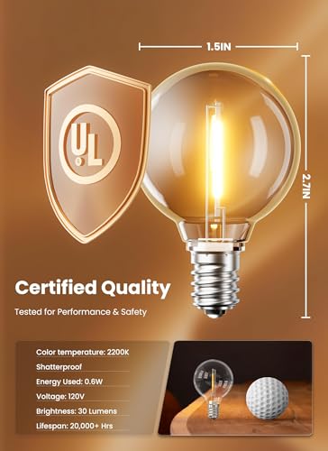 Brightown 25 Pack G40 LED String Light Replacement Bulbs - E12 Base, 2200K Warm White, Shatterproof Plastic, Waterproof, 1.5 Inch Dimmable LED Light Bulb for Indoor Outdoor Patio Lights