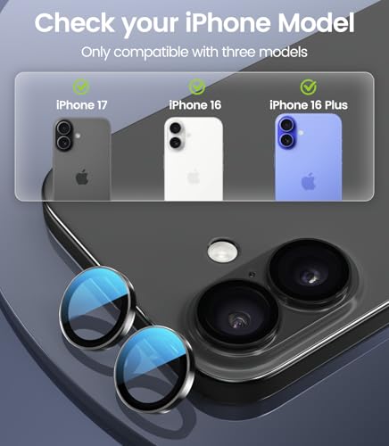 PandaShield 2-Pack Camera Lens Protector for iPhone 17/16/16 Plus, [Anti-Reflection & 98% High Transparency], 9H Explosion-Proof Glass, Anti-Scratch, Easy Installation, Case Friendly, Black