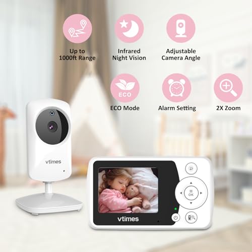 VTimes Baby Monitor with Camera and Audio, Video Baby Monitor No WiFi Night Vision 2.4" LCD Screen Portable Baby Camera Monitor Alarm Lullaby Temperature Sensor and 1000ft, Ideal for Baby/Elderly/Pet
