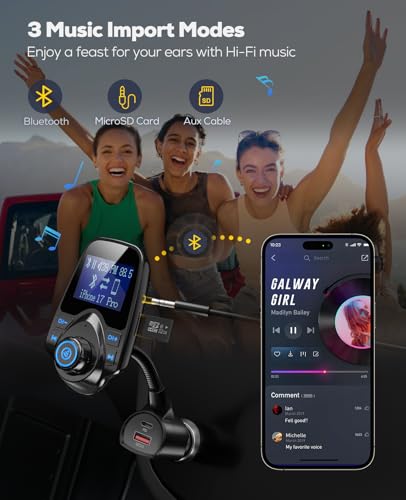 Nulaxy 2026 KM18 Upgraded 48W Bluetooth 5.4 Car FM Transmitter, Fast Charging PD30W+QC3.0 18W, 1.44" Screen Flexible Gooseneck, Radio Adapter for Hands-Free Call & Music via BT/FM/AUX/TF, Cars Trucks