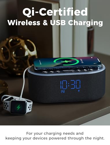 Odokee Wireless Charging Alarm Clock Radio: Qi Certified Fast Wireless Charger for iPhone Samsung - 10W Stereo Bluetooth Speaker - Dimmable Digital Clock with FM Radio for Bedroom Black