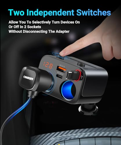 180W Retractable Car Charger Cigarette Lighter Splitter, 5 in 1 USB Fast Car Phone Charger with Retractable Cable 2 USB Ports, 2 Cigarette Lighter Socket with Separate Switch LED Voltmeter