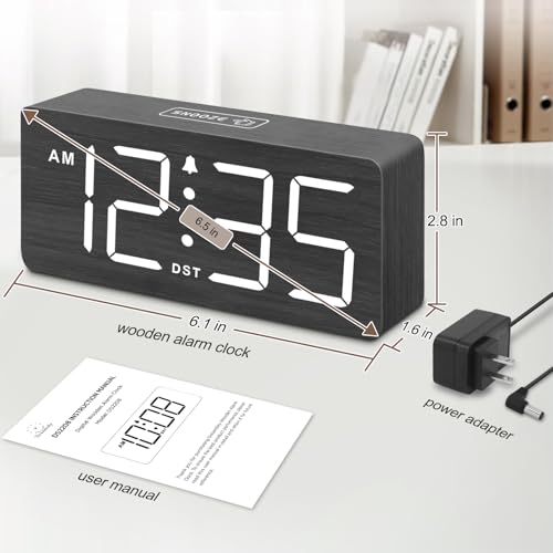 DreamSky Wooden Digital Alarm Clock for Bedroom - Loud Alarm Clock for Heavy Sleepers with Volume Control, Desk Clocks for Living Room with Large Numbers, Dimmer, DST, Wood Decor (Plug in Clock)