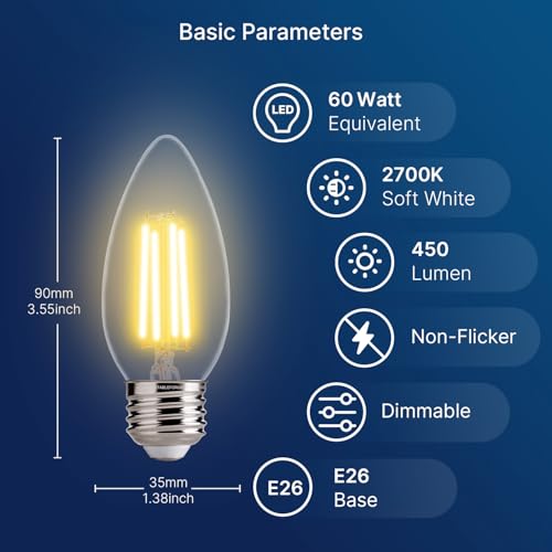 FLSNT Dimmable LED Candelabra Light Bulbs 60W Equivalent E26 Base, B11 LED Chandelier Candle Light Bulbs, 2700K Soft White, 6 Pack UL,CA65 Listed.