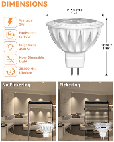 MR16 LED Bulbs 50W Halogen Equivalent Landscape Light Bulbs, 2700K Warm White 5W GU5.3 MR16 12V Spotlight Bulb, Non-Dimmable 38° Beam Angle for Landscape, Recessed, Track Lighting 6 Pack