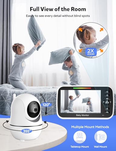 GoodBaby 5" Baby Monitor with Camera and Audio, No WiFi Secure Camera, 30-Hour Battery, Remote PTZ, Auto Night Vision, Room Temperature, Two-Way Audio，Lullabies，960 ft Range