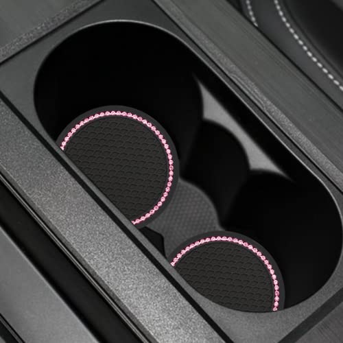 Yousheng 2PCS Bling Car Cup Coaster, Universal Holder Insert Rhinestone Anti Slip Silicone Accessories Suitable for Most Interior, Best Gift Women, Black and Pink