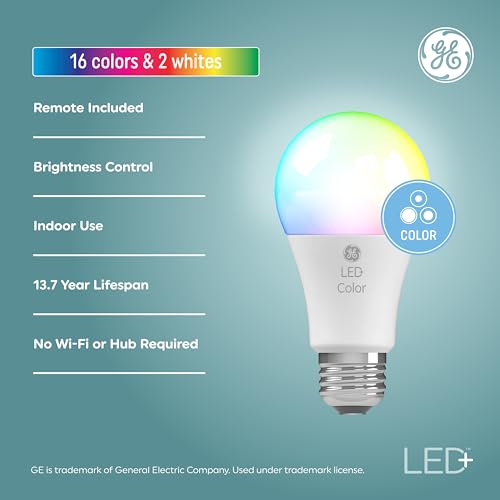 GE LED+ Color Changing LED Light Bulbs with Remote, No App or Wi-Fi Required, A19 Standard Bulbs (2 Pack)