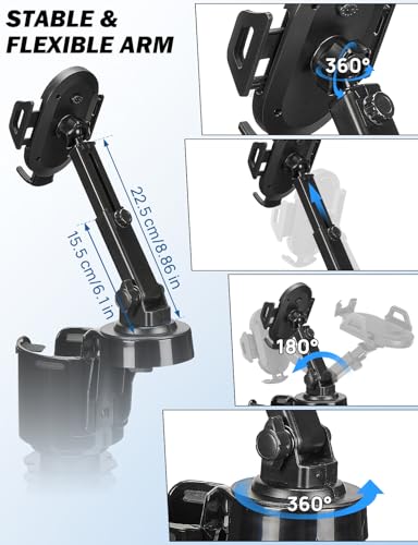 JOYTUTUS Cup Holder Phone Mount for Car, Car Cellphone Large Adapter Long Arm with 360 Degree Rotation, Compatible iPhone, Samsung & All Smartphones,Black,1 Pack