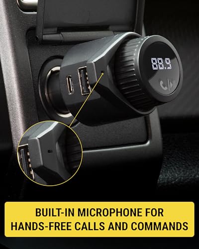 Scosche BTFM9 FM Bluetooth Transmitter Car, Dual 12W USB-C and USB-A Charging Ports, Fast Type C Car Charger, Wireless Radio Bluetooth Adapter, Hands-Free Kit for Calls, Siri and Google Assistant