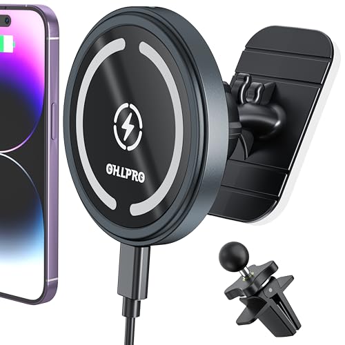 OHLPRO for MagSafe Car Mount Charger iPhone Wireless Car Charger, Stick on Dashboard Magnetic Phone Holder Mount for iPhone 17 Pro Max 16 15 14 Series, 15W Fast Charging, Aluminum Shell