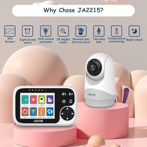 JUAN Baby Monitor with Camera and Audio, No WiFi 100% Private, 3500mAh Long Battery, 1000ft Range Connection, Remote Pan-Tilt-Zoom, Crystal Night Vision, 2-Way Talk for Newborn Infant