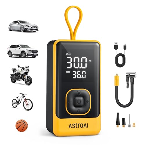 AstroAI L7 Air Tire Inflator Portable Air Compressor, 150PSI Electric Cordless Car Pump with Fast 1-min Inflation, Auto Shutoff, LED Light – Rechargeable for Car, SUV, Motorcycle, Bike Tires, Yellow