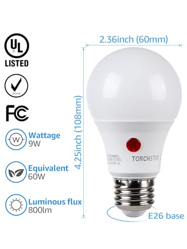 TORCHSTAR Dusk to Dawn Light Bulbs Outdoor, Sensor A19 LED Light Bulb, Auto on/Off Photocell Automatic for Outdoor Lighting, UL FCC DOE, 5000K, Pack of 4