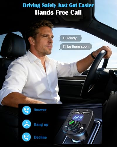 LIHAN Handsfree Calling Car Charger,Wireless Bluetooth 5.3 FM Transmitter Radio Receiver,MP3 Audio Music Adapter,Dual USB Ports,Compatible for iPhone Samsung Smartphones,Spotify & GPS Navigation
