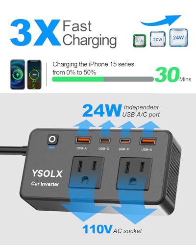 300W Portable Charger Car Power Inverters for Vehicle | 24W USB A/C,Dual 12V-110V AC Car Plug Adapter Outlet,Cigarette Lighter Adapter for Laptop/Camping/Road trip essentials