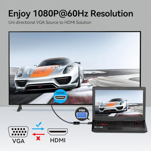 VENTION VGA to HDMI Adapter 0.5FT, Uni-Directional VGA(Source) to HDMI(Display) Converter (Male to Female) 1080@60Hz with Audio Cable and Micro USB Cable from PC, Monitor