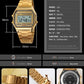 PASOY Men's Digital Gold Stainless Steel Watch Backlit Multifunction Stopwatch Waterproof Sport Watches