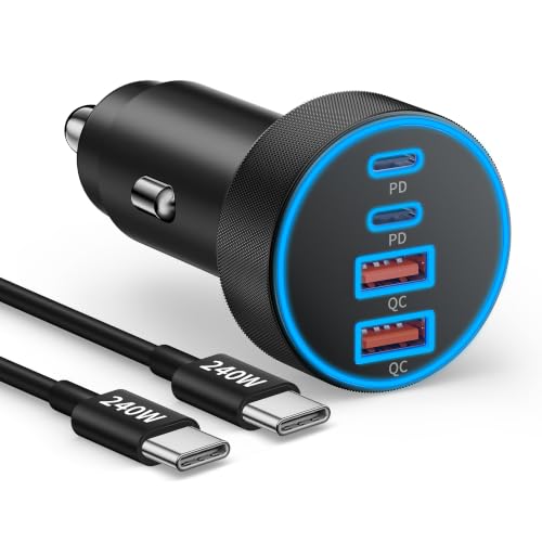 Car Charger USB C Fast Charge, 90W 4-Port Car Phone Charger Super Fast Charging Dual USB-C & USB-A Cigarette Lighter Adapter with 240W Type C Cable for Samsung Galaxy S26/S25/S24/ S23, Pixel, Android