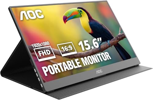 AOC 16T20 Portable Monitor 15.6" FHD 1080p IPS Display, USB-C x2, Mini HDMI, Built-in Speakers, Travel Monitor with Smart Cover, Compatible with Laptops, MacBook, Gaming Console Ready