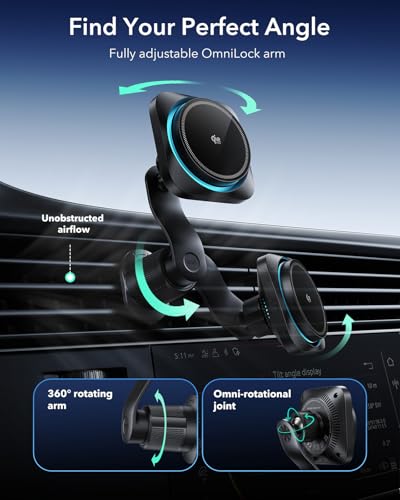 ESR OmniLock Qi2.2 Certified 25W MagSafe Car Mount Charger with CryoBoost, Phone Cooling MagSafe Car Charger, 360° Rotatable, Air Vent Magnetic Car Phone Holder for iPhone 17/16 with iOS 26, S26 Ultra