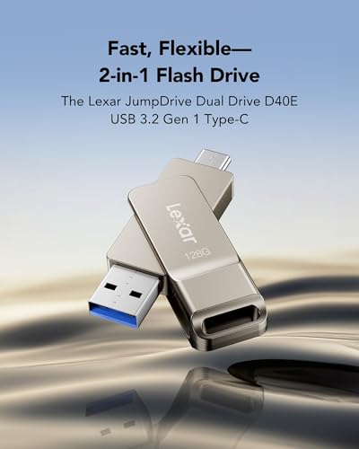 Lexar D40E 128GB Dual USB 3.2 Gen 1 Type-C Jump Drive, USB-C Flash Metal Housing Swivel Design Thumb Drive (Champagne Silver)