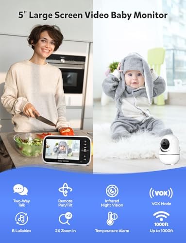 GoodBaby 5" Baby Monitor with Camera and Audio, No WiFi Secure Camera, 30-Hour Battery, Remote PTZ, Auto Night Vision, Room Temperature, Two-Way Audio，Lullabies，960 ft Range